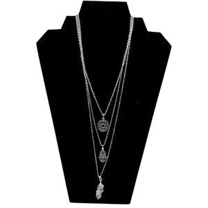 Layered Antique Silver Pendant Necklace With Compass Hamsa Hand & Feather Charms